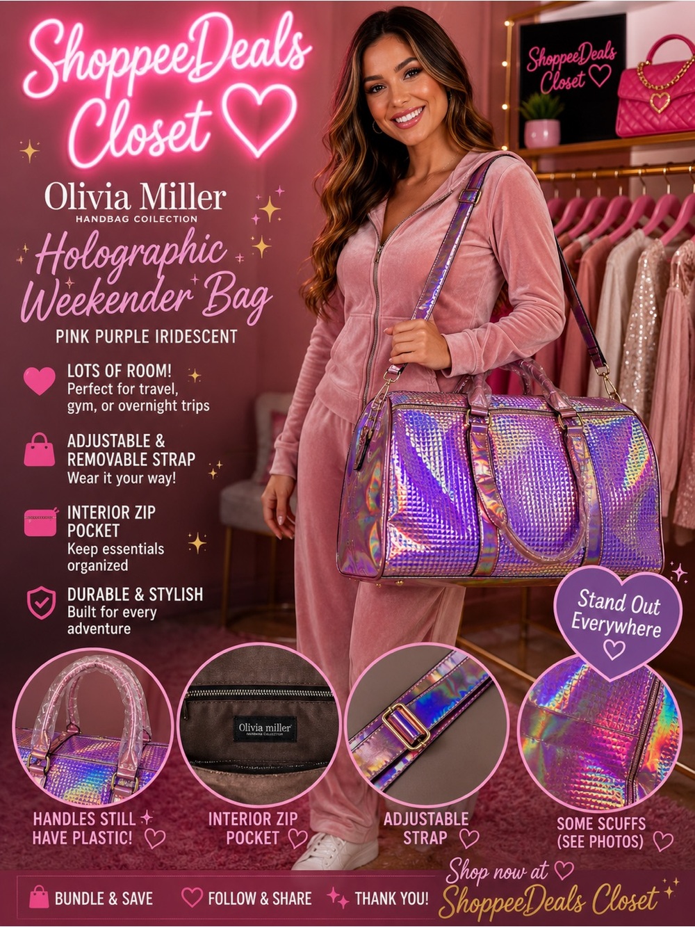 Olivia Miller Holographic Iridescent Weekender Duffel Bag Pink Purple Large